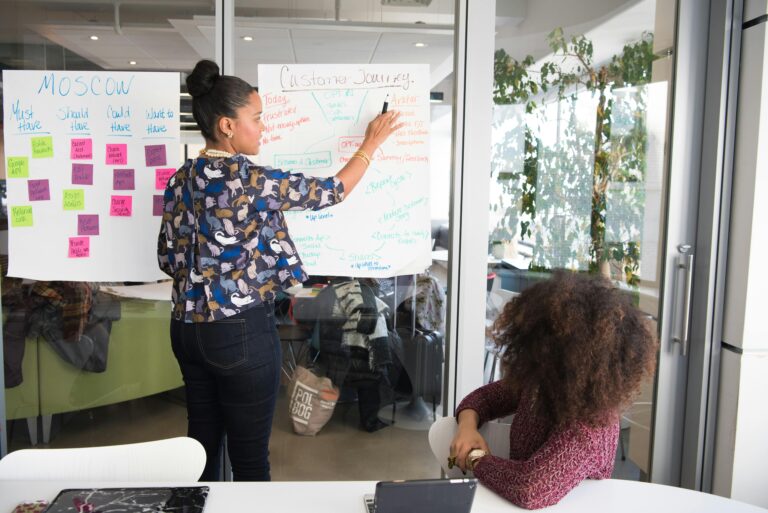Two women collaborating on a strategic planning project using notes in modern office.